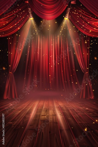 Theater stage with red curtains and spotlights