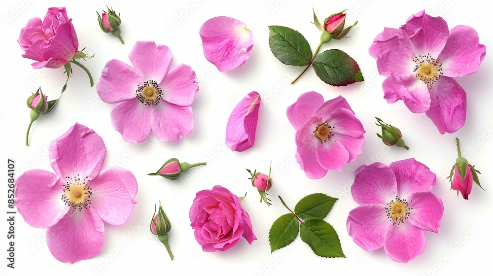 set or collection of beautiful pink wild rose flowers, bud and leaf isolated over a white background, cut-out colorful magenta floral or garden design elements, top view, flat lay set or collection of beautiful pink wild rose flowers, bud and leaf isolated over a white background, cut-out colorful magenta floral or garden design elements, top view, flat lay