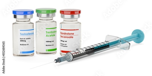 Testosterone, trenbolone and nandrolone steroid vials with syringe in front on white background, the most commonly used anabolic steroids for muscle growth in sport doping