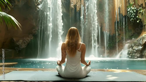 Back view of a beautiful young woman making yoga practice in front of a waterfall