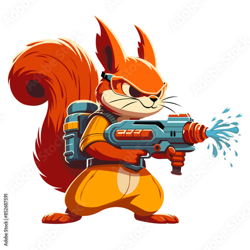 An angry squirrel firing a water gun cartoon vector illustration good for animation and t-shirt print