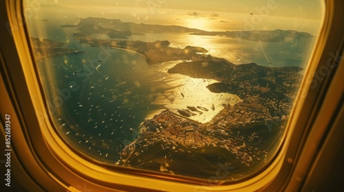 Aerial view of coastal city bathed in golden sunset light from airplane window, showcasing stunning landscapes and sea reflections. photo