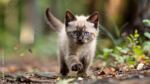 A small, brown and white kitten with bright blue eyes walks on a forest path