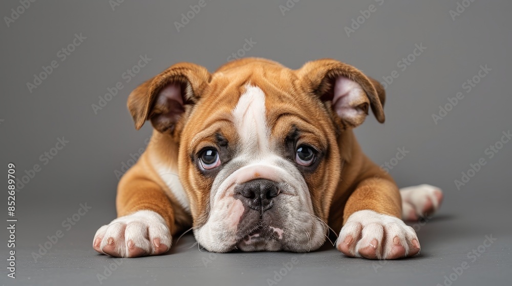 A brown and white bulldog puppy lies on its belly with its paws outstretched on a gray background A brown and white bulldog puppy lies on its belly with its paws outstretched on a gray background