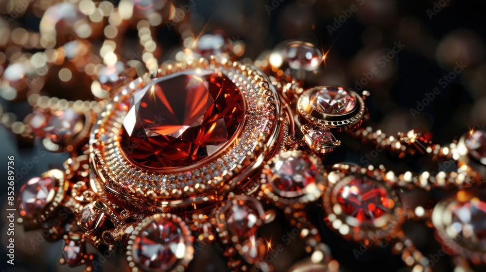 Luxurious close-up of an intricate and finely crafted piece of radiant, sparkling red gemstone jewelry with detailed and ornate gold settings Luxurious close-up of an intricate and finely crafted piece of radiant, sparkling red gemstone jewelry with detailed and ornate gold settings