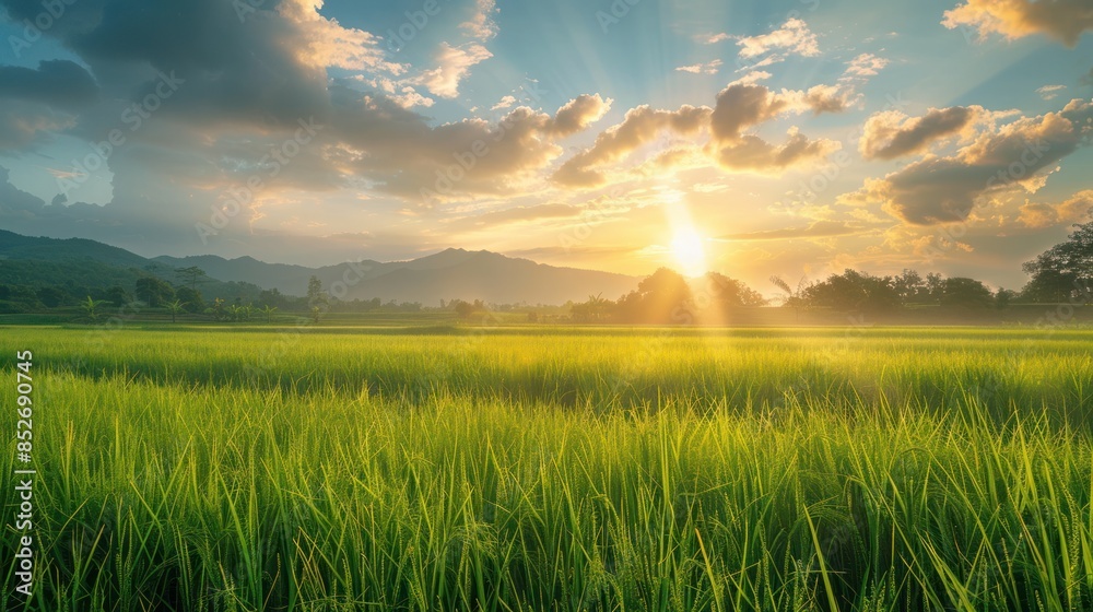 A field of green grass with a bright sun shining on it A field of green grass with a bright sun shining on it