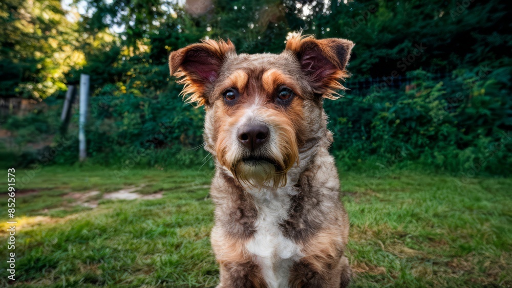 A dog sitting in the grass looking at something off camera, AI A dog sitting in the grass looking at something off camera, AI