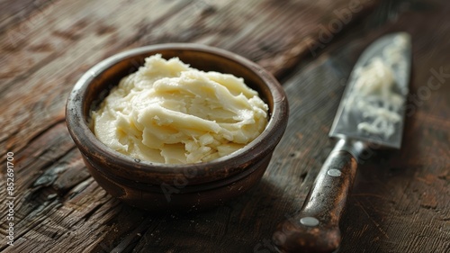 Smooth white cooking fat in rustic bowl next to knife