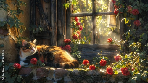 A Cat Relaxing in a Windowsill Surrounded by Roses