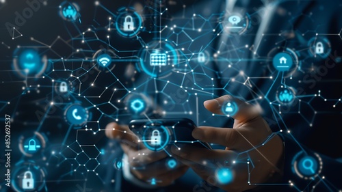 close-up of a businessman holding a smartphone, with a digital overlay of cybersecurity technology icons such as locks and shields, representing personal data protection and secure