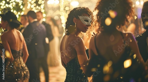 A glamorous masquerade ball with guests wearing elegant masks and costumes, dancing in a grand, opulently decorated hall. photo