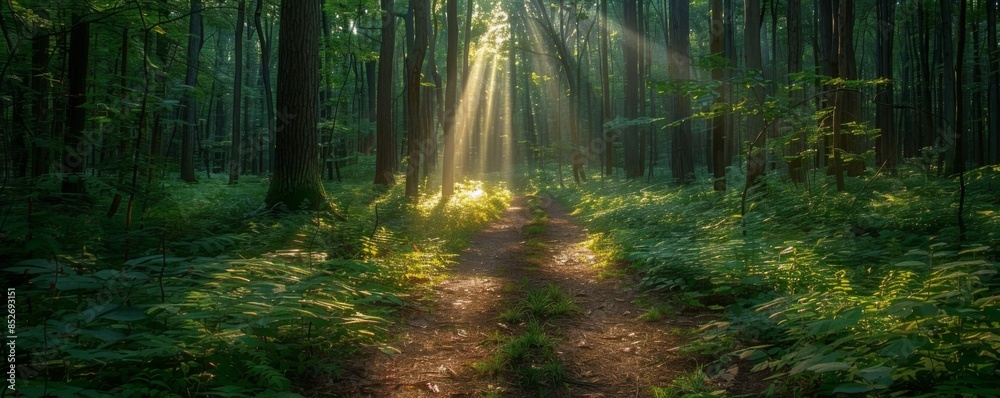 Fototapeta premium Path through a forest with dappled sunlight