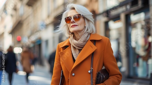 See the grace and poise of a fashionable mature woman walking outdoors in town, her trendy outfit and accessories reflecting her impeccable taste and contemporary style, amidst the lively urban scener photo