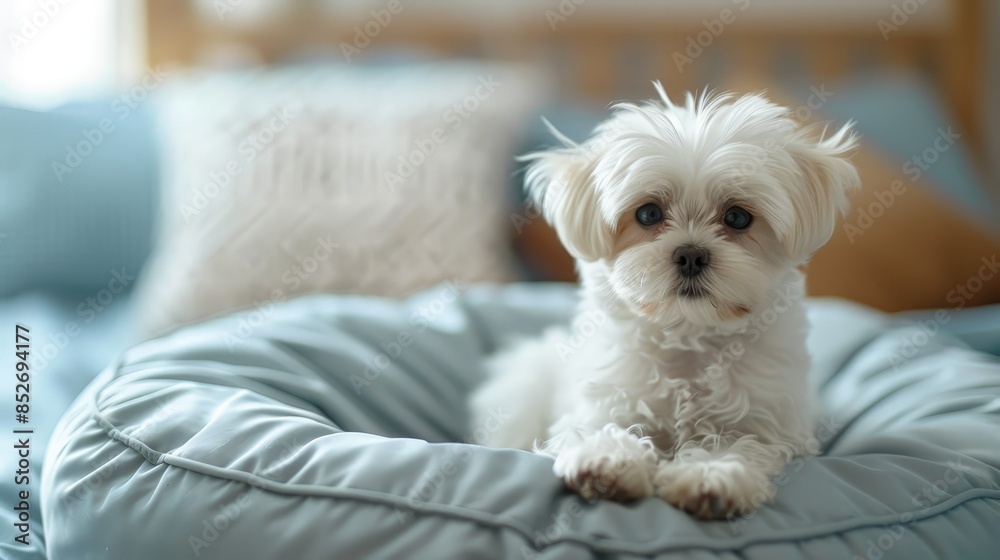 A small, white Maltese dog rests comfortably on a plush blue bed pillow, looking directly at the camera with an attentive expression A small, white Maltese dog rests comfortably on a plush blue bed pillow, looking directly at the camera with an attentive expression