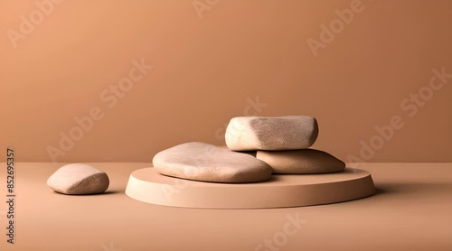 Natural stone podium mock up for cosmetics, products, perfumes or jewellery Beige colour background. photo