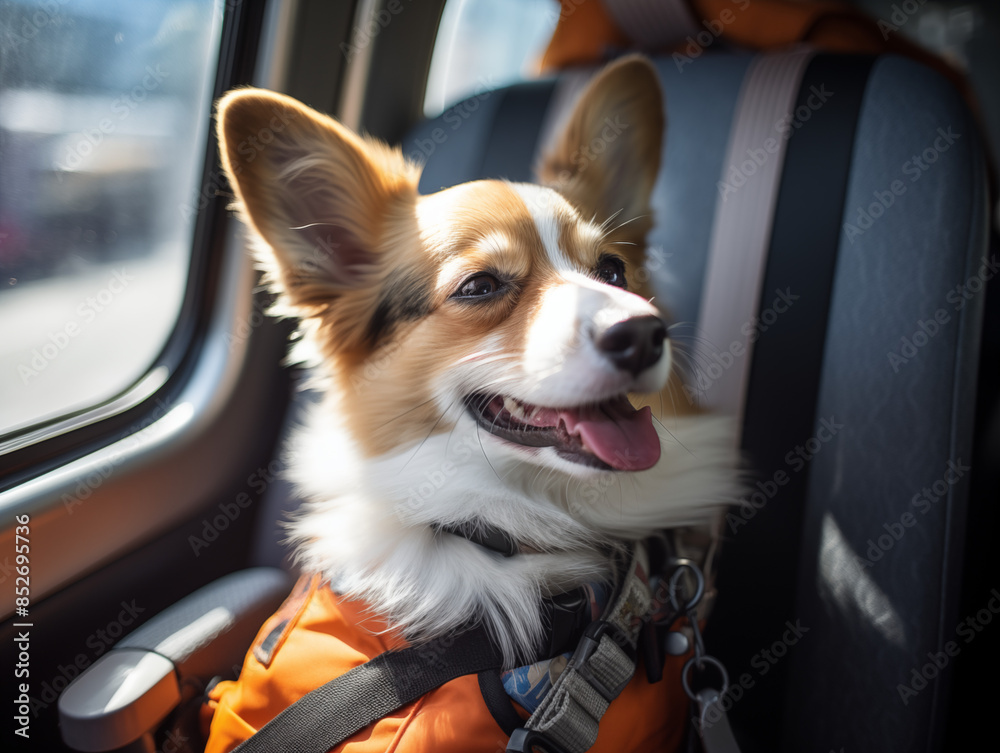 Corgi dog rides in a car on a trip. Dog trip. Pet safety on road. Travel with animals. Generate by Ai technology Corgi dog rides in a car on a trip. Dog trip. Pet safety on road. Travel with animals. Generate by Ai technology