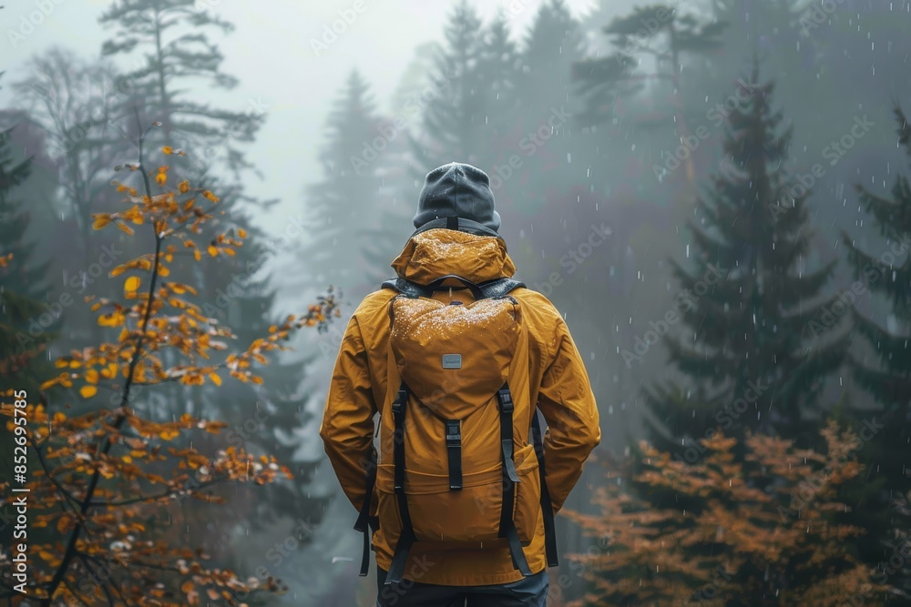 A lone backpacker in a yellow jacket stands in a misty forest with raindrops falling, surrounded by tall trees and autumn foliage, contemplating the serene beauty of nature