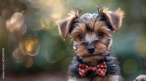 A Yorkshire Terrier puppy wearing a red and white bow tie sits outdoors with a soft, blurred background © Darya