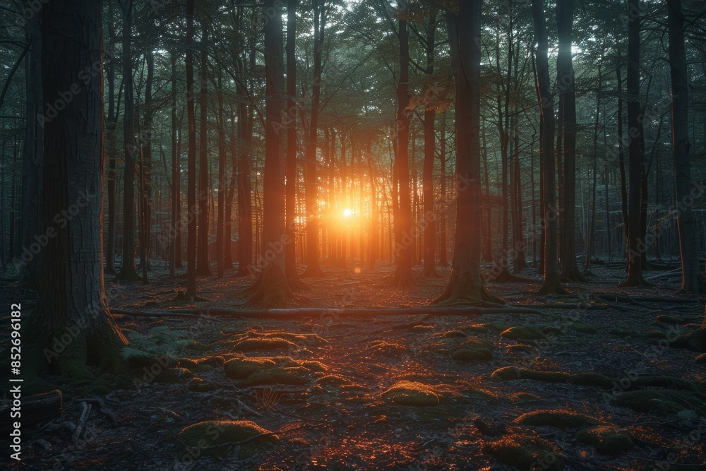 Fototapeta premium An awe-inspiring sunrise piercing through the dense forest, casting a warm orange glow on the moss-covered forest floor and creating dramatic shadows among the tall trees