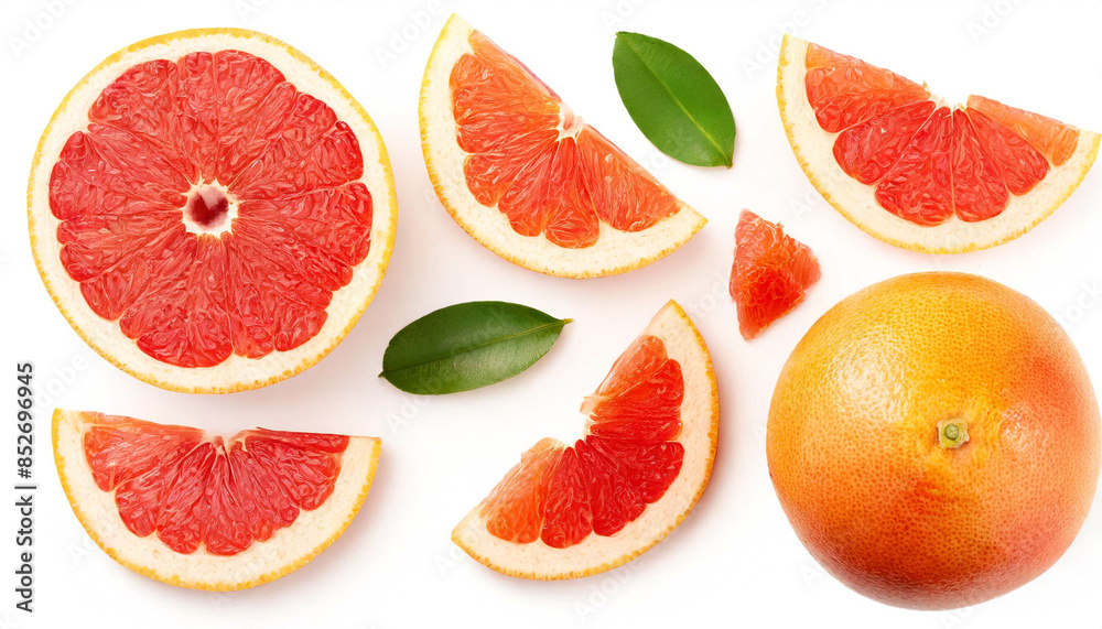 Grapefruit Stücke teile set isoliert auf weißen Hintergrund, Freisteller, Draufsicht Grapefruit Stücke teile set isoliert auf weißen Hintergrund, Freisteller, Draufsicht
