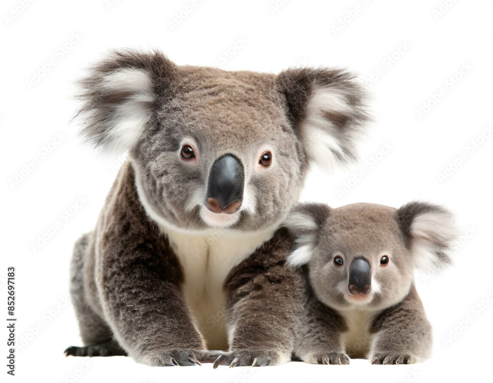 Fototapeta premium Koalabär mit baby auf vier beinen isoliert auf weißen Hintergrund, Freisteller 
