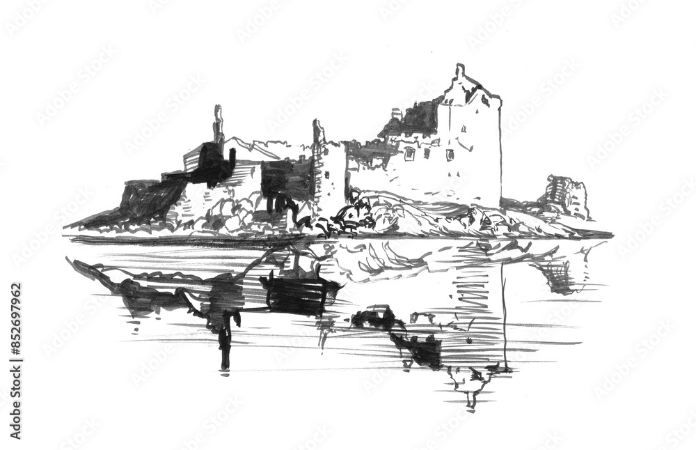 Medieval castle. Hand drawing sketch. Illustration jpg