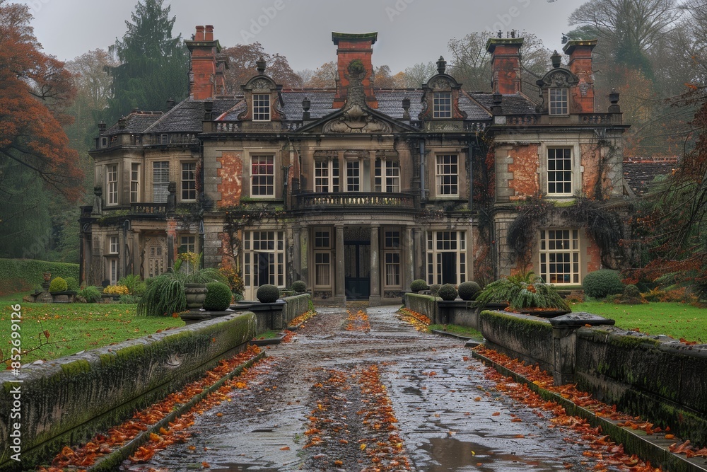 Obraz premium An elegant and historic mansion surrounded by a lush garden, showcasing classic architectural design with a touch of autumn's charm captured meticulously