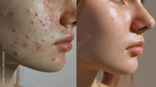 Young Woman's Portrait Showing Before and After Skincare Treatment: Facial Comparison of Natural Beauty, Acne, and Pore Care