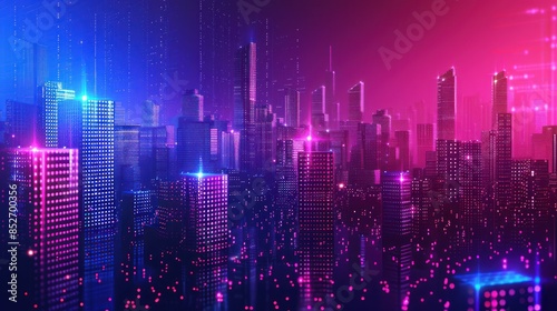 A cityscape with a purple sky and buildings lit up in neon colors