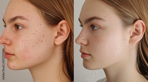 Young Woman's Skin Transformation: Before and After Cosmetic Treatment for Clear, Spotless Face - Close-Up Portrait of Natural Beauty