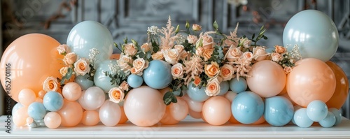 A beautiful table centerpiece featuring a sophisticated arrangement of peach and white balloons with peach roses and greenery, perfect for elegant events photo