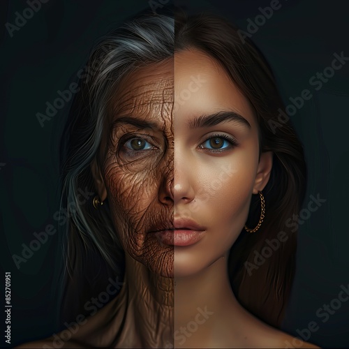 Portrait of a Woman's Transformation: Young to Old, Capturing Aging, Life Journey, and Time's Evolution photo