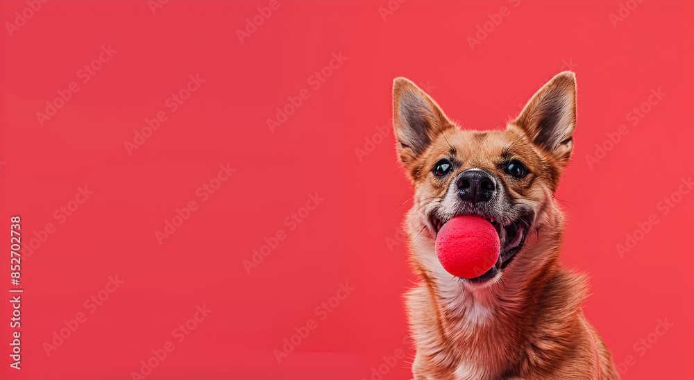 Dog with rubber toy in mouth on colored background. Dog with rubber toy in mouth on colored background.