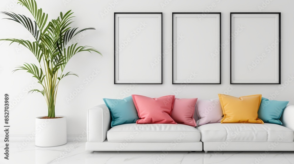 Empty picture frames on a pristine white wall, modern living room with a cozy sofa, colorful cushions, and a tall potted palm plant seen through an open door, perfect for home staging Empty picture frames on a pristine white wall, modern living room with a cozy sofa, colorful cushions, and a tall potted palm plant seen through an open door, perfect for home staging