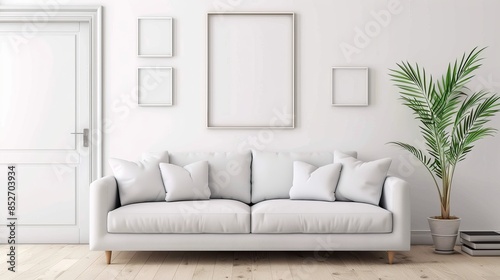 Elegant white living room, empty picture frames hanging, a chic sofa with cushions, and a green palm plant in a pot visible through an open door, showcasing home staging