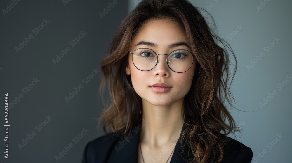 A professional portrait of a young woman with long brown hair, wearing glasses and a black blazer, exuding confidence and poise in a modern office environment A professional portrait of a young woman with long brown hair, wearing glasses and a black blazer, exuding confidence and poise in a modern office environment