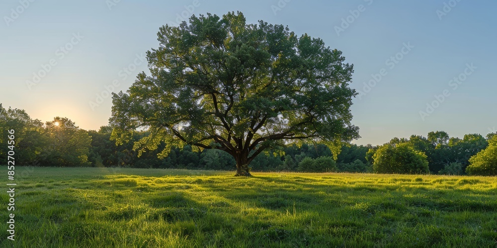 A solitary, majestic tree stands in the middle of a lush green field, surrounded by a serene forest, bathed in the gentle light of a setting sun