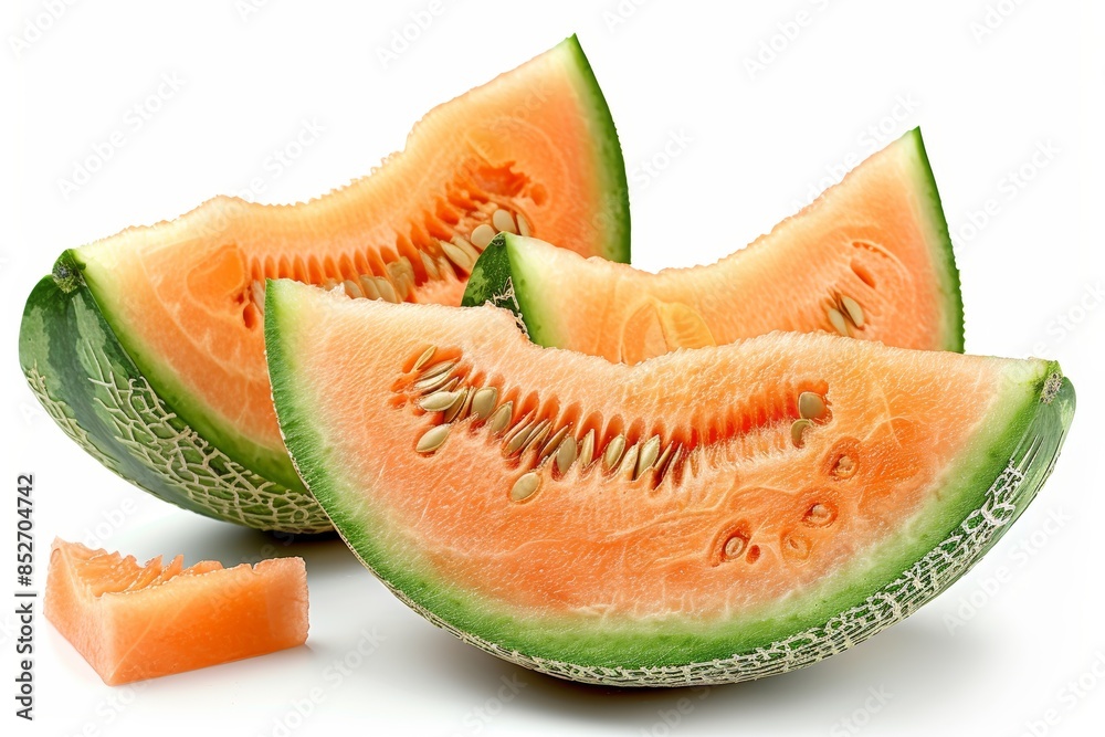 High-resolution close-up of sliced ripe cantaloupe melon with vibrant orange flesh and visible seeds, showcasing its fresh and juicy texture perfect for a refreshing summer treat High-resolution close-up of sliced ripe cantaloupe melon with vibrant orange flesh and visible seeds, showcasing its fresh and juicy texture perfect for a refreshing summer treat