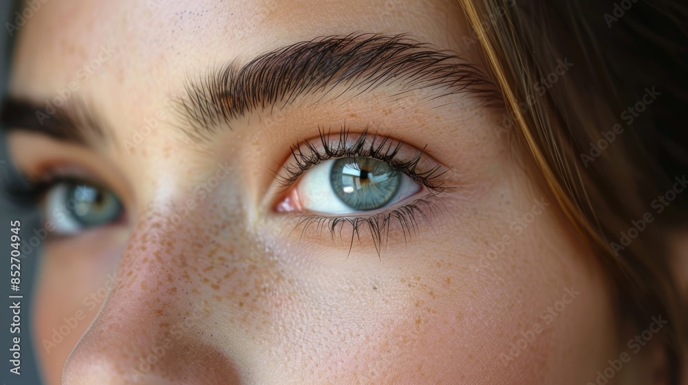 A detailed close-up photograph captures the mesmerizing blue eye of a young individual with freckles, highlighting the intricate patterns and natural beauty of the iris and surrounding skin A detailed close-up photograph captures the mesmerizing blue eye of a young individual with freckles, highlighting the intricate patterns and natural beauty of the iris and surrounding skin