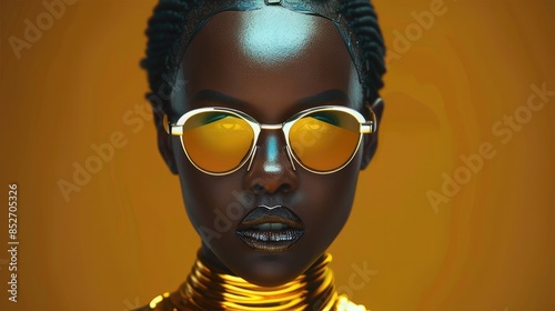 A black woman with futuristic sunglasses and gold metal body armor. Generative AI.