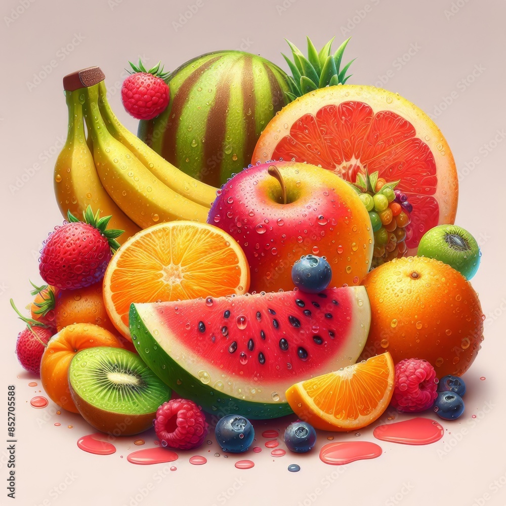 A vibrant assortment of fresh and juicy fruits, including watermelon, apples, oranges, and berries, glistening with water droplets. The colorful arrangement is perfect for health and nutrition themes A vibrant assortment of fresh and juicy fruits, including watermelon, apples, oranges, and berries, glistening with water droplets. The colorful arrangement is perfect for health and nutrition themes