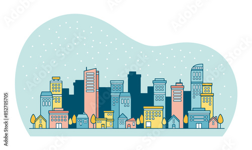 雪が降る都会のビルと街並みのパステルカラーのかわいい風景イラスト