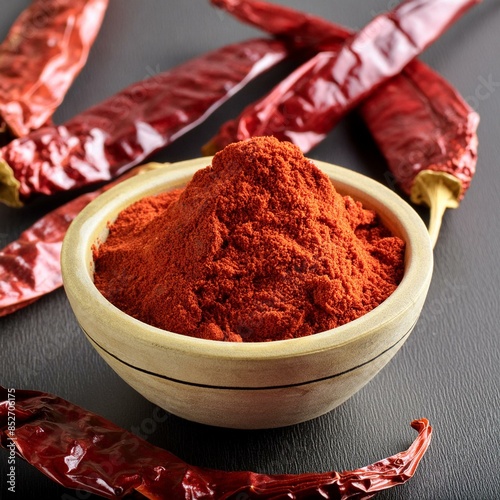 Red chilli powder with dried red chilli also know as mirchi, mirchi powder, lal mirchi, mirch or laal mirchi photo