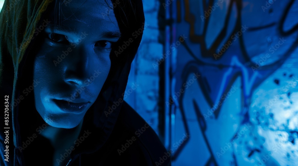 A man in a hoodie looking at the camera with blue light behind him, AI A man in a hoodie looking at the camera with blue light behind him, AI