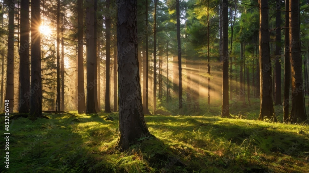 Fototapeta premium Sunlit Forest Glade: A Tranquil Morning Escape