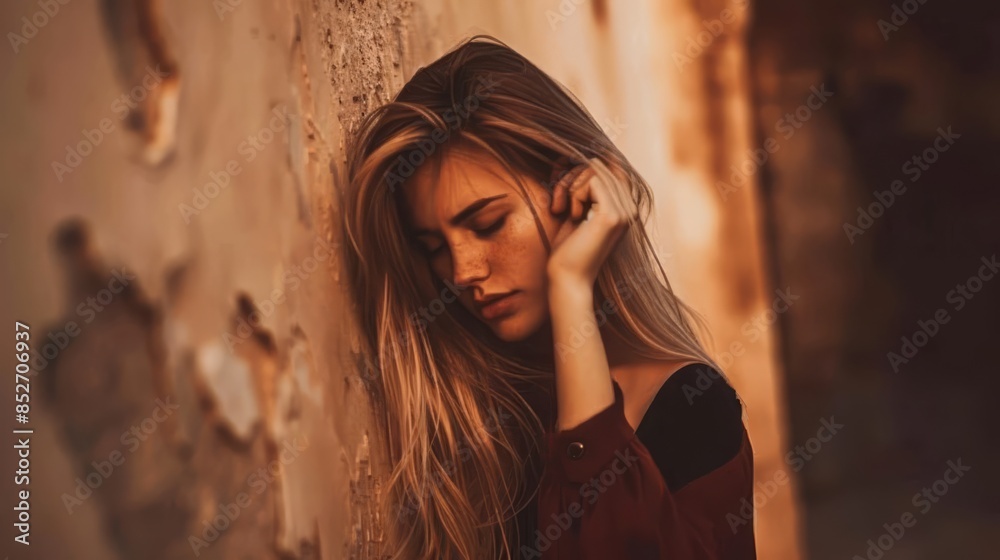 A woman with long blonde hair leaning against a wall, AI