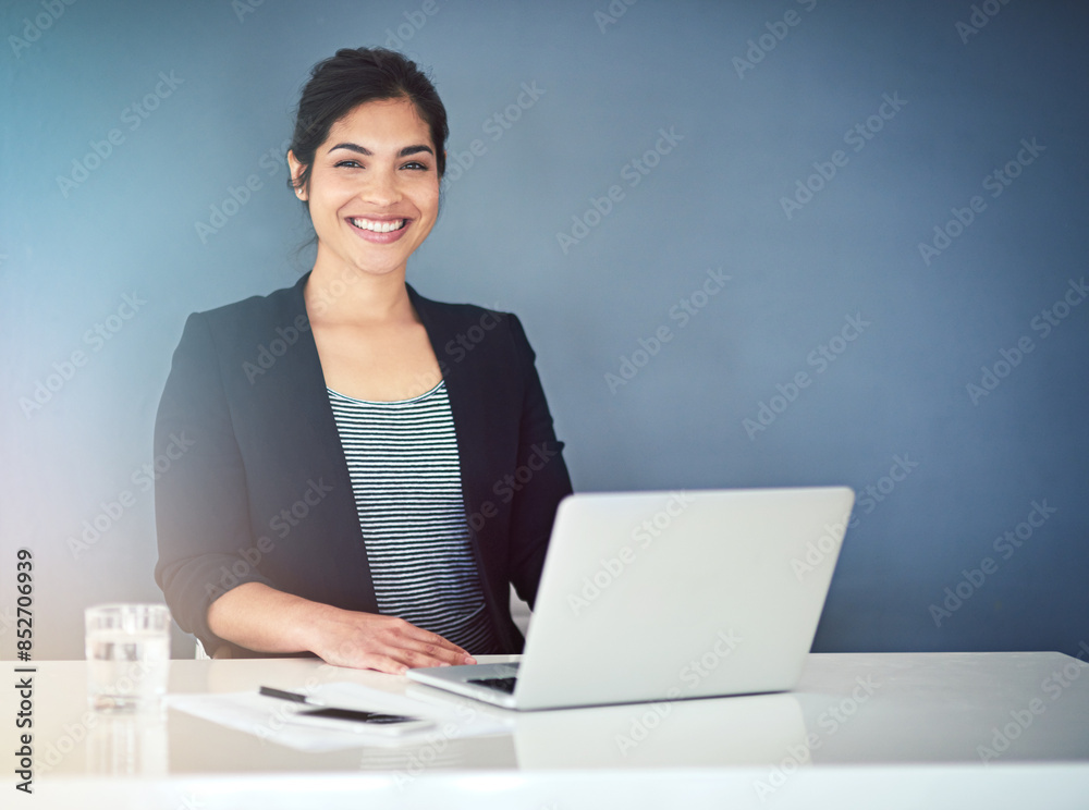 Office, portrait and business woman with laptop for typing, research and article info. Self employed, female journalist and copywriting with computer for remote work, blog post and freelancer Office, portrait and business woman with laptop for typing, research and article info. Self employed, female journalist and copywriting with computer for remote work, blog post and freelancer