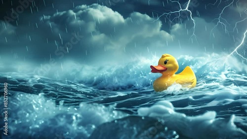 Cute rubber duck is struggling with the strong waves in the ocean