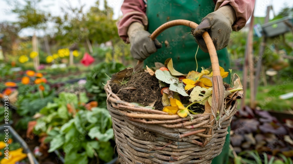 Man holding basket of compost with garden background Man holding basket of compost with garden background