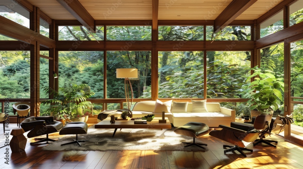 Fototapeta premium Modern Living Room with Abundant Natural Light and Greenery